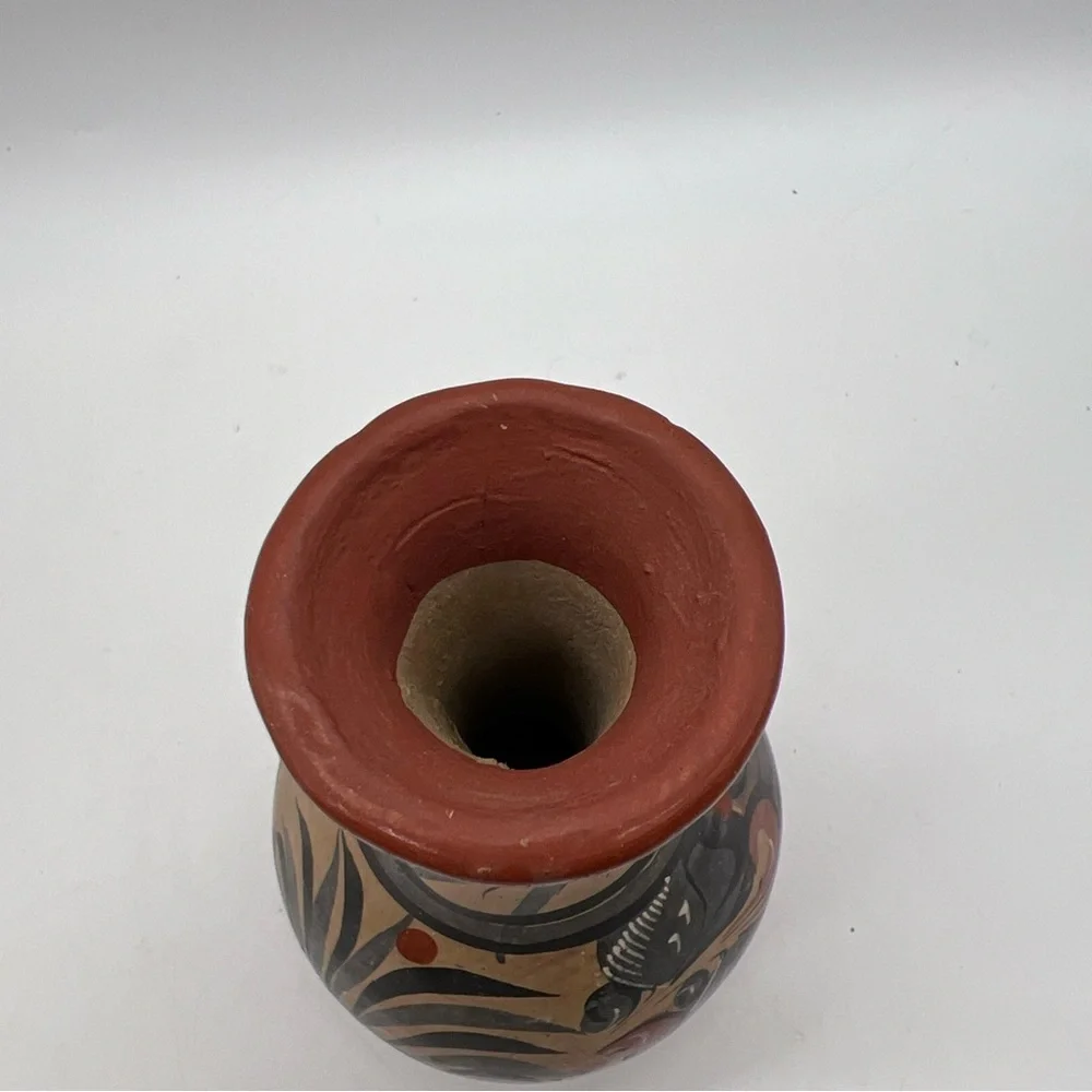 Mexican Made Tonala Vase Foral Coral Gray Color Artisan Ethnic Handmade Painted